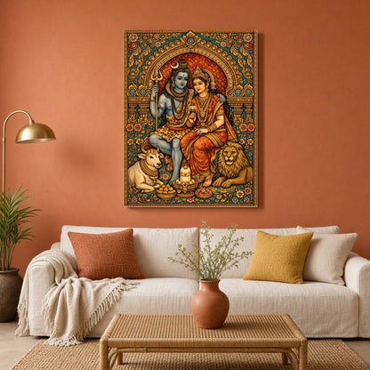 Immerse yourself in the celestial harmony of Lord Shiva and Parvati, captured in exquisite detail for Living Room