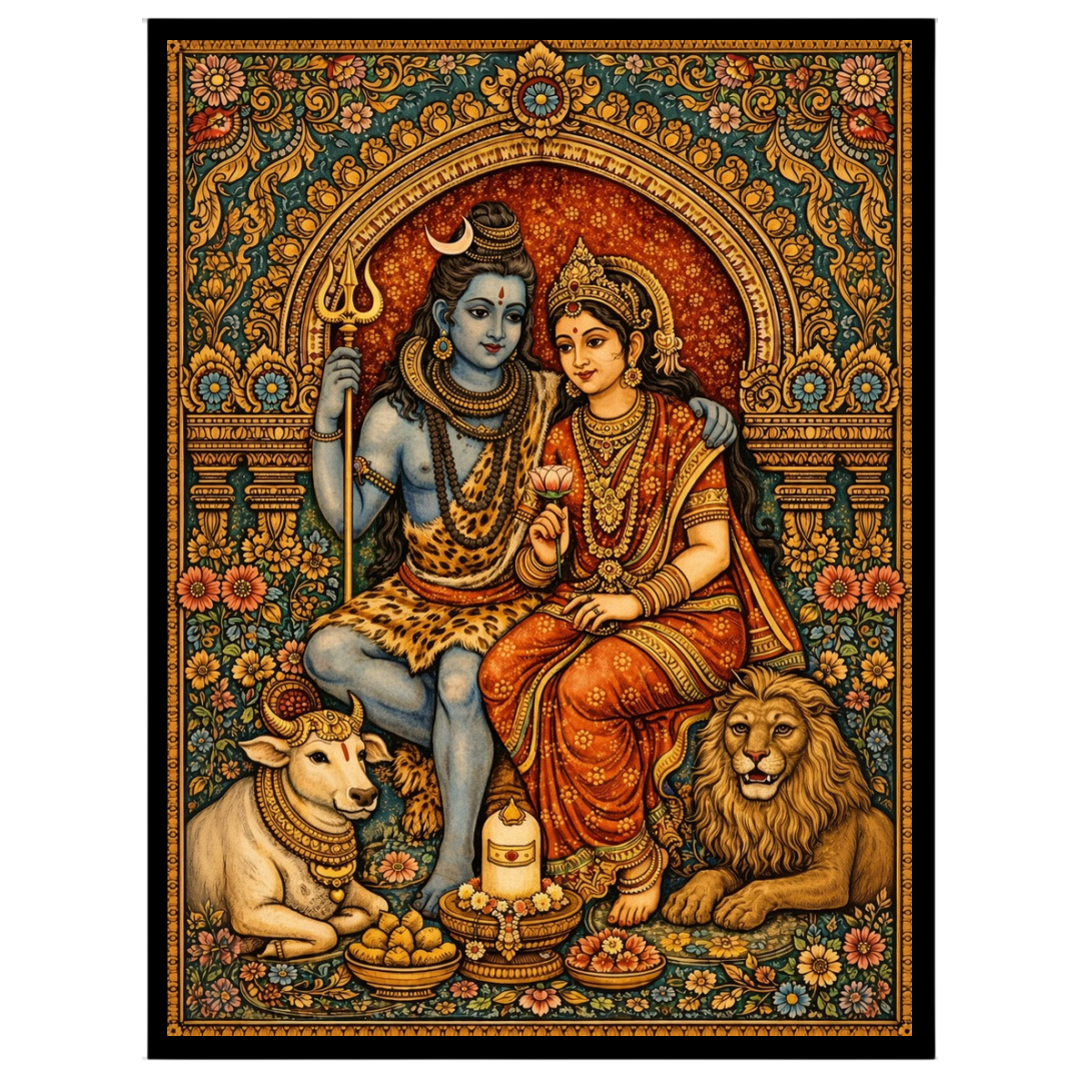 Immerse yourself in the celestial harmony of Lord Shiva and Parvati, captured in exquisite detail for office