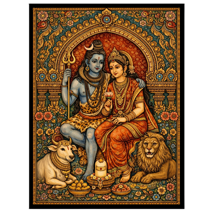 Immerse yourself in the celestial harmony of Lord Shiva and Parvati, captured in exquisite detail for office