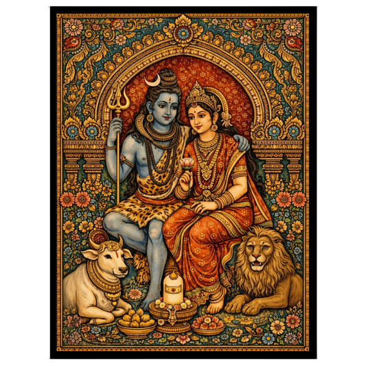 Immerse yourself in the celestial harmony of Lord Shiva and Parvati, captured in exquisite detail for office