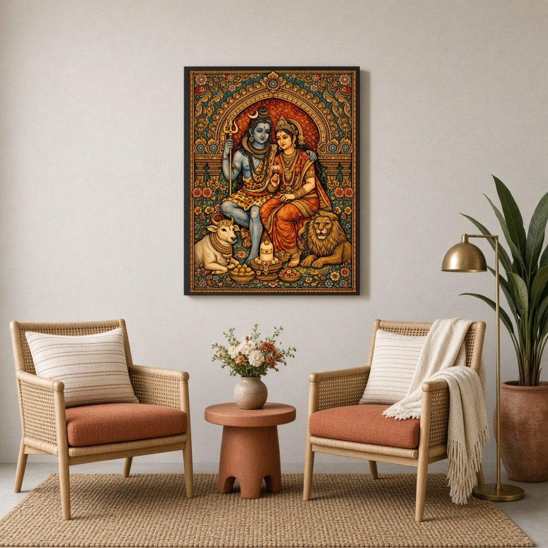 Immerse yourself in the celestial harmony of Lord Shiva and Parvati, captured in exquisite detail for Sitting Lounge