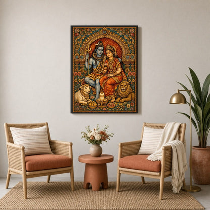 Immerse yourself in the celestial harmony of Lord Shiva and Parvati, captured in exquisite detail for Sitting Lounge