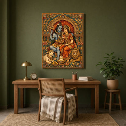 Immerse yourself in the celestial harmony of Lord Shiva and Parvati, captured in exquisite detail for Study