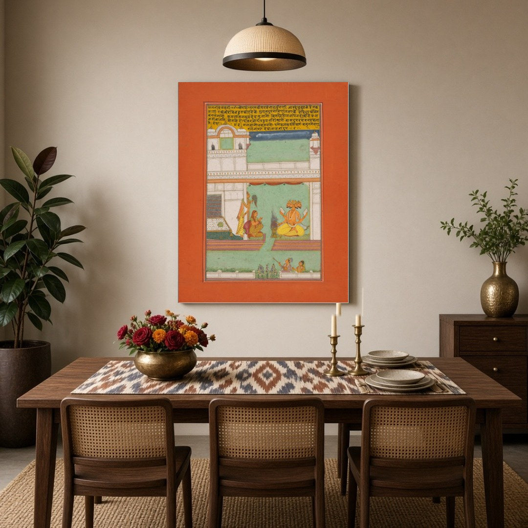 Capture the essence of divine tranquility with 'Divine Vishnu Amidst Palace Harmony,' a stunning for Dining
