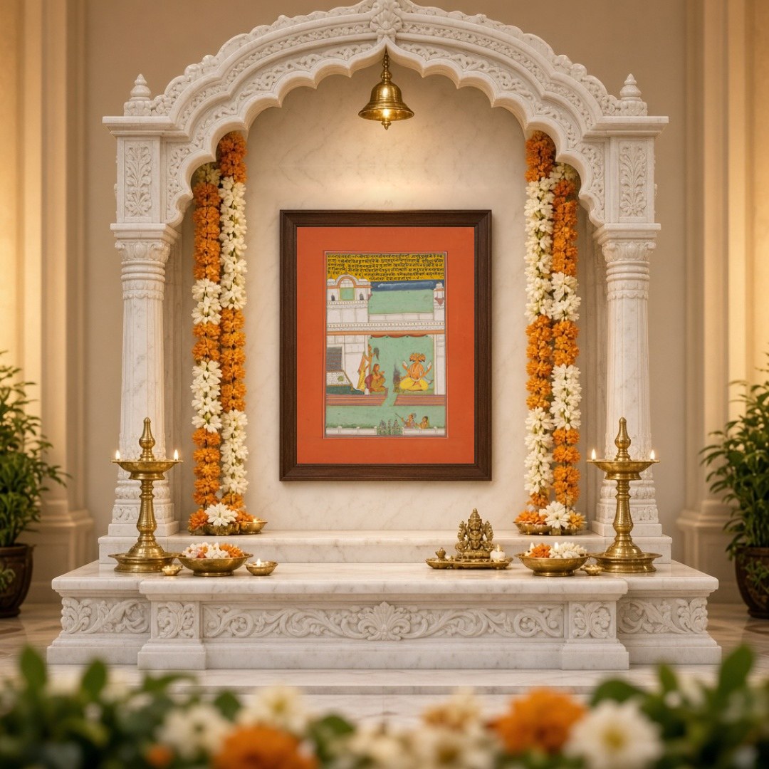 Capture the essence of divine tranquility with 'Divine Vishnu Amidst Palace Harmony,' a stunning for Home Temple