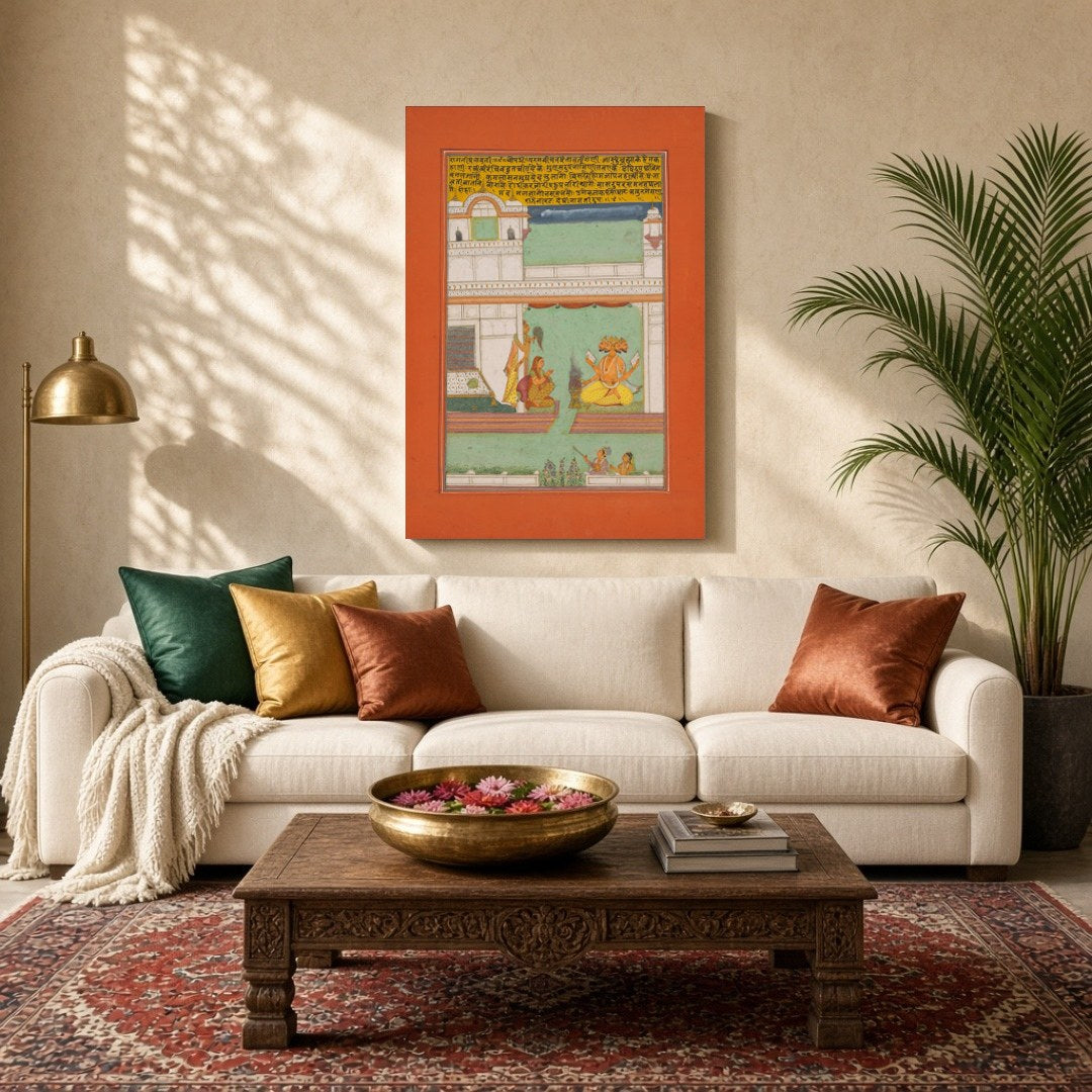 Capture the essence of divine tranquility with 'Divine Vishnu Amidst Palace Harmony,' a stunning for Living Room