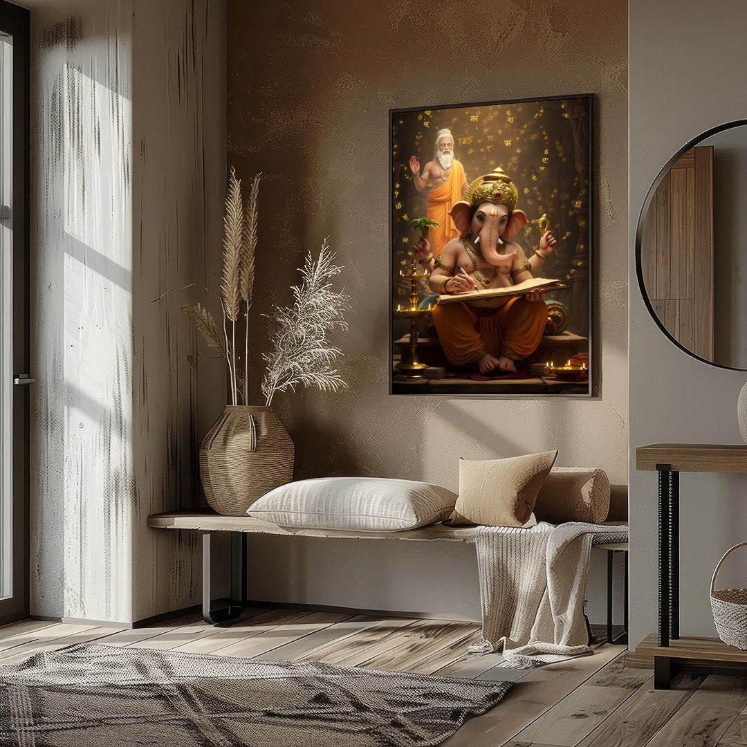 This captivating artwork portrays Lord Ganesha immersed in the art of writing, under the guidance for area