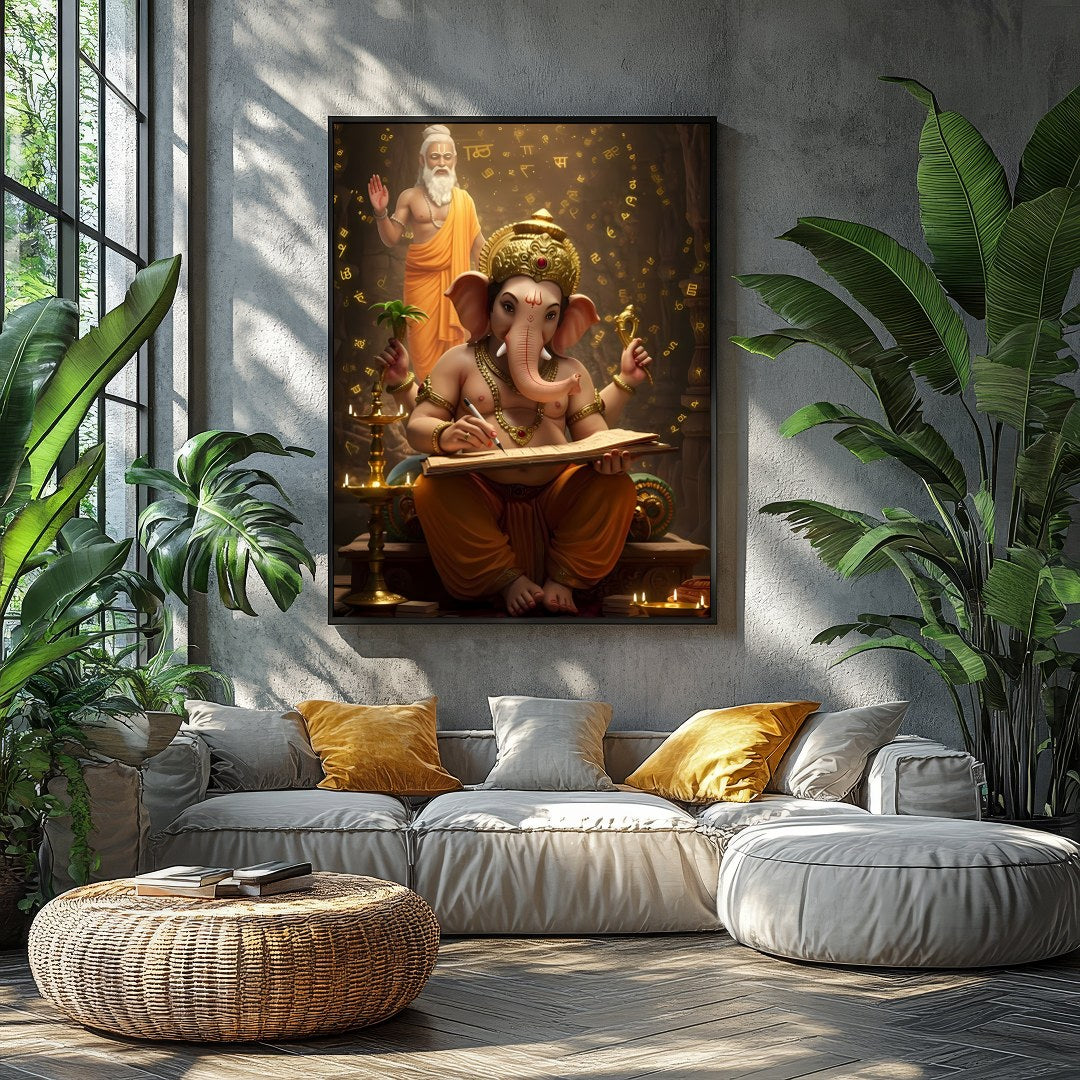This captivating artwork portrays Lord Ganesha immersed in the art of writing, under the guidance for Balcony