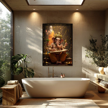 This captivating artwork portrays Lord Ganesha immersed in the art of writing, under the guidance for Bathroom