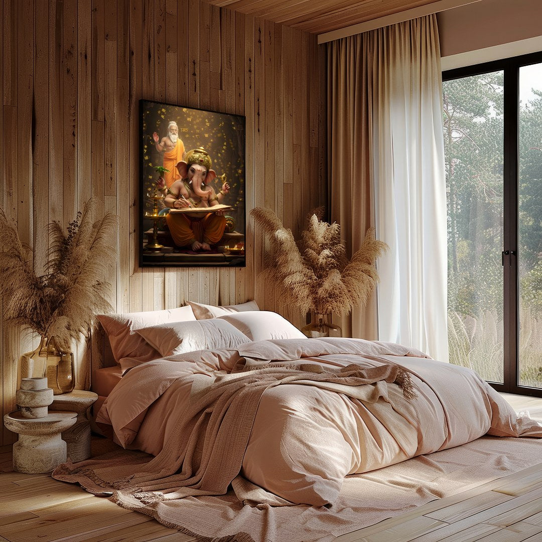 This captivating artwork portrays Lord Ganesha immersed in the art of writing, under the guidance for Bedroom