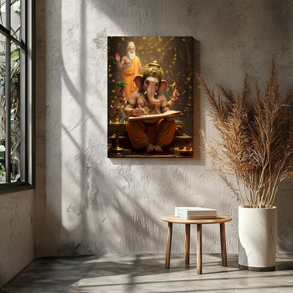 This captivating artwork portrays Lord Ganesha immersed in the art of writing, under the guidance for Entrance