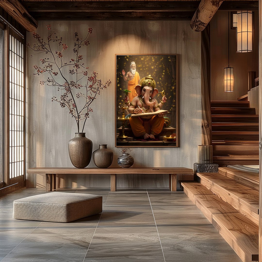This captivating artwork portrays Lord Ganesha immersed in the art of writing, under the guidance for Hall