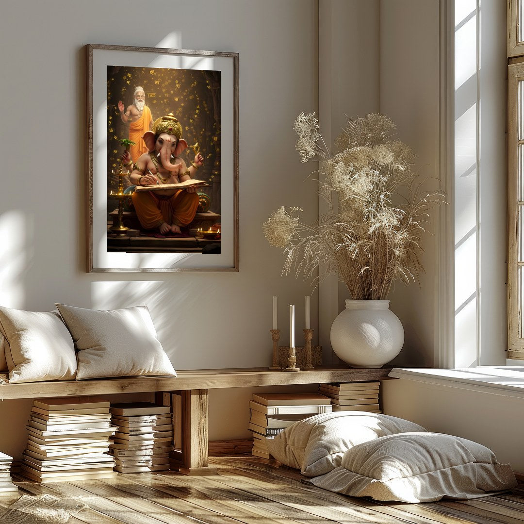 This captivating artwork portrays Lord Ganesha immersed in the art of writing, under the guidance for home