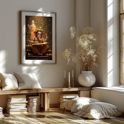 This captivating artwork portrays Lord Ganesha immersed in the art of writing, under the guidance for home
