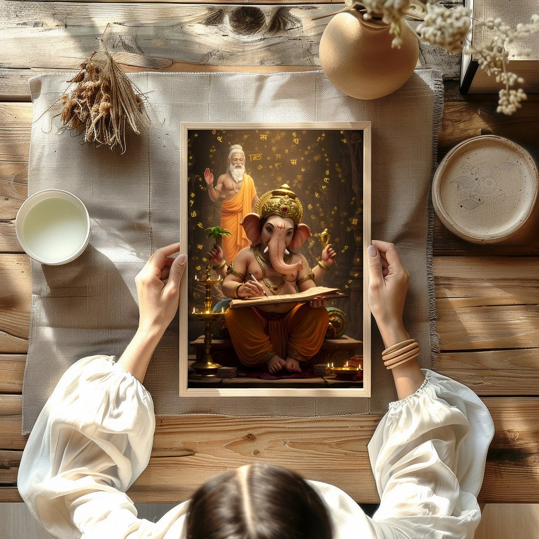 This captivating artwork portrays Lord Ganesha immersed in the art of writing, under the guidance for Kitchen