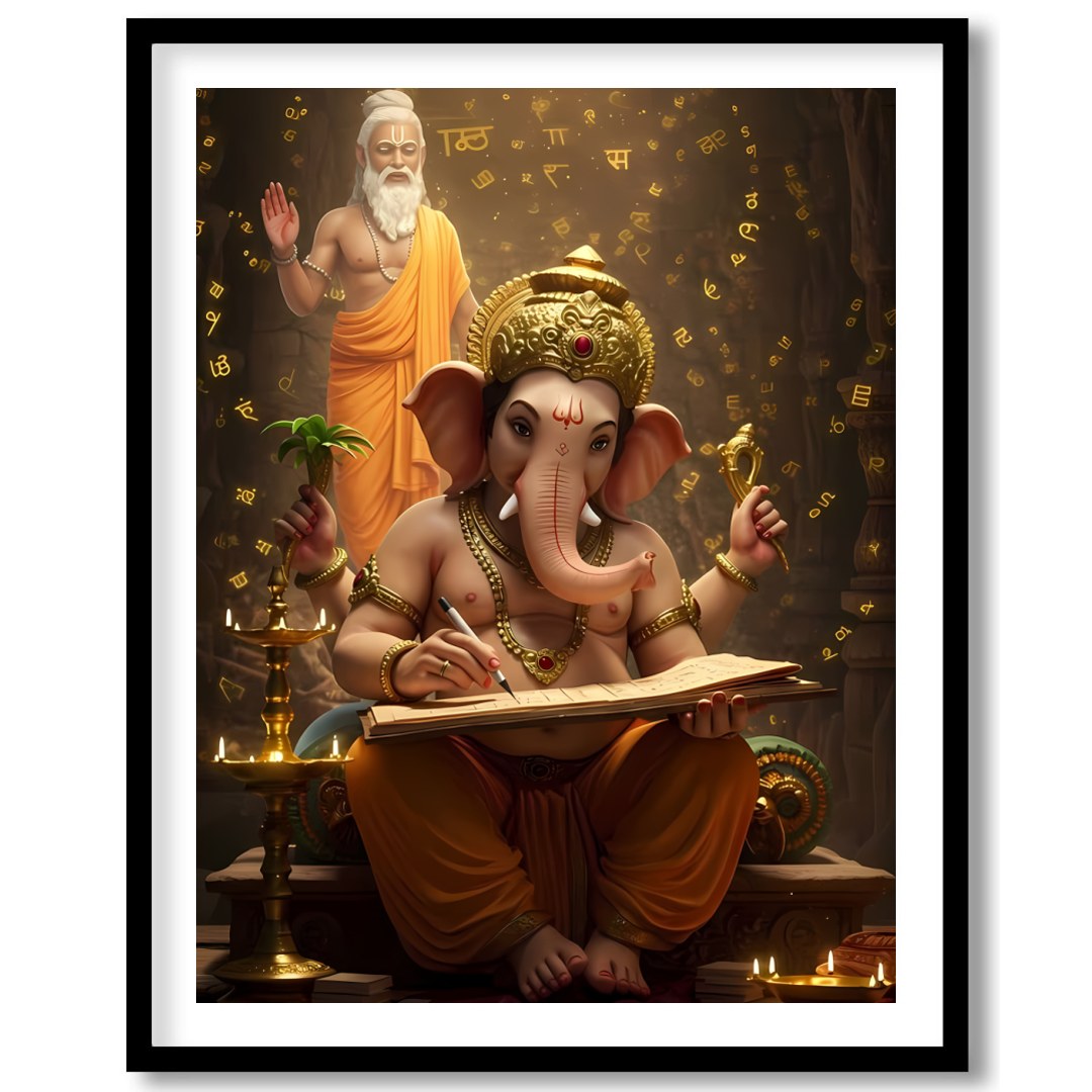 This captivating artwork portrays Lord Ganesha immersed in the art of writing, under the guidance for residence
