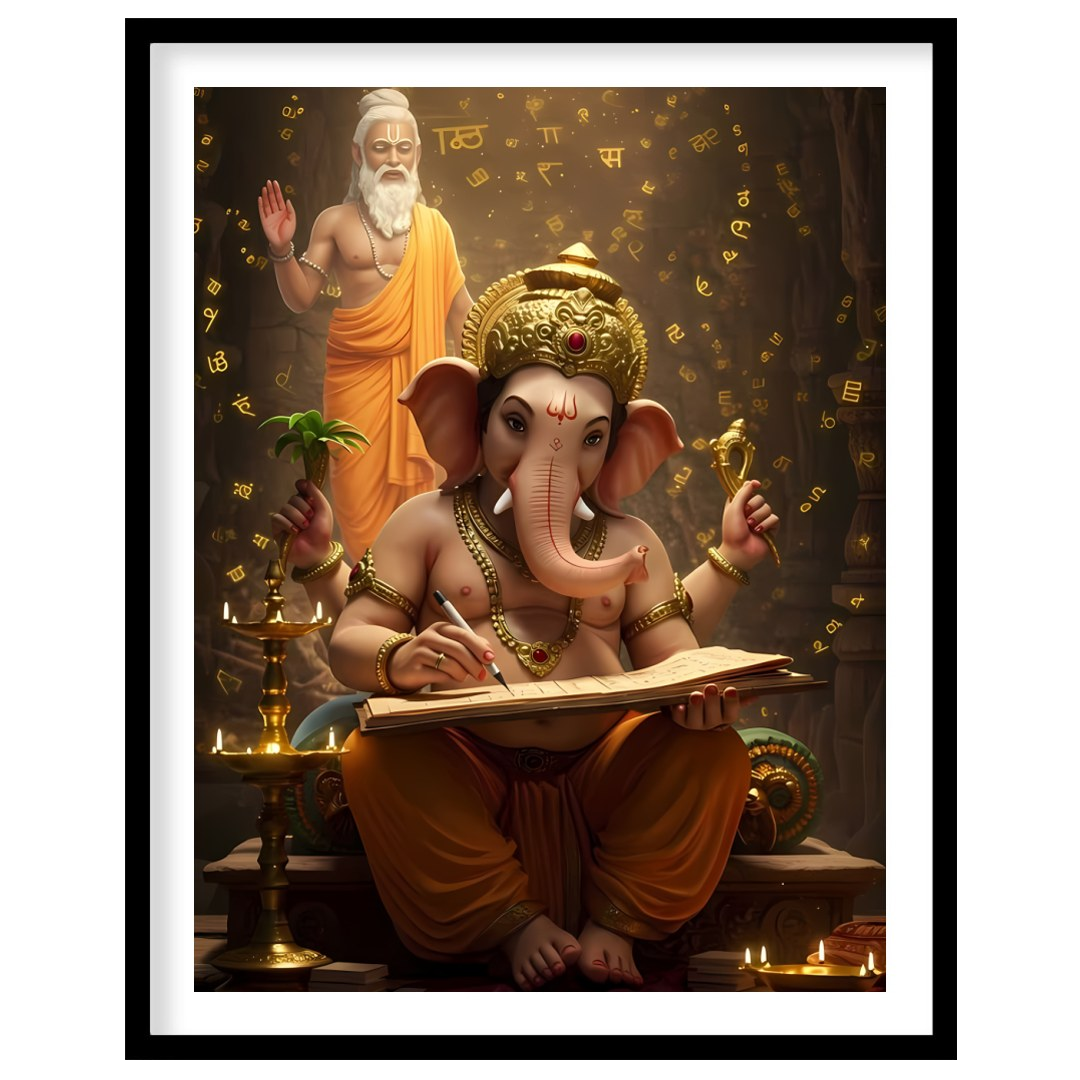 This captivating artwork portrays Lord Ganesha immersed in the art of writing, under the guidance for residence