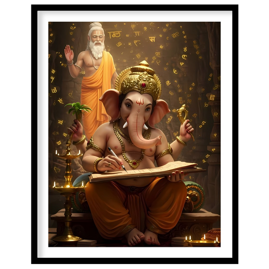 This captivating artwork portrays Lord Ganesha immersed in the art of writing, under the guidance for residence