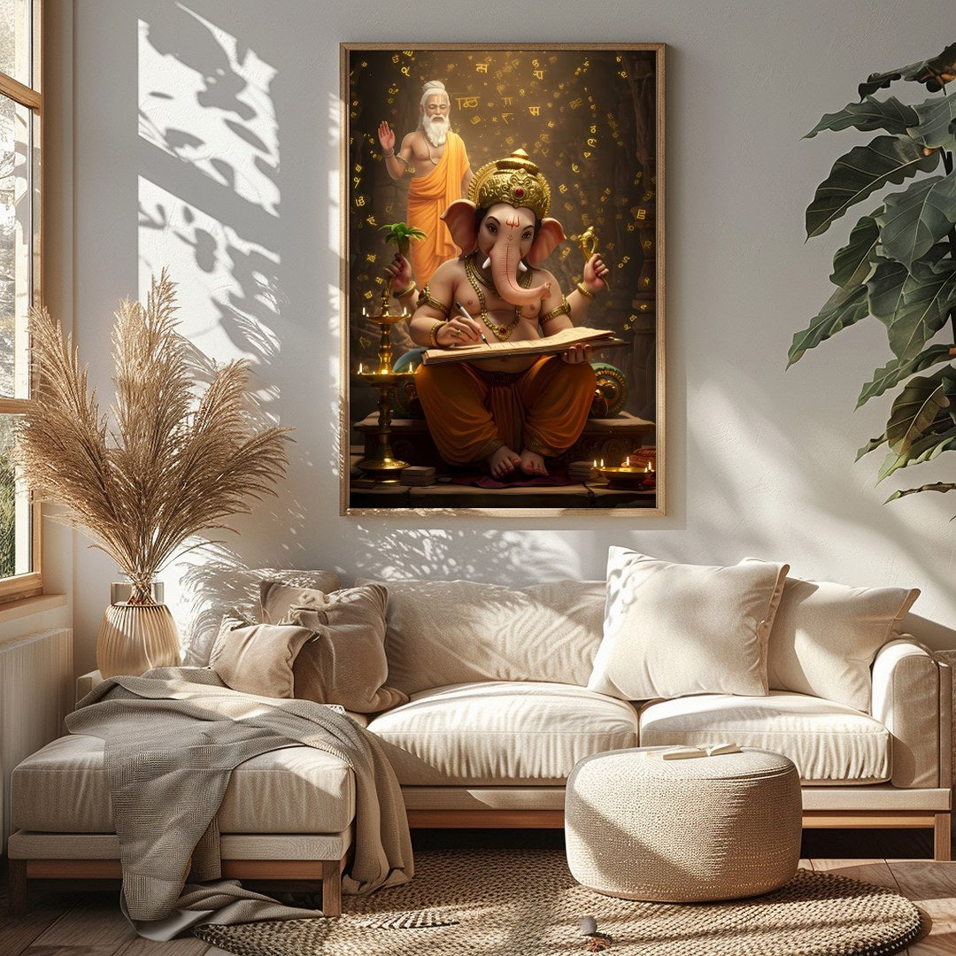 This captivating artwork portrays Lord Ganesha immersed in the art of writing, under the guidance for Sitting Area