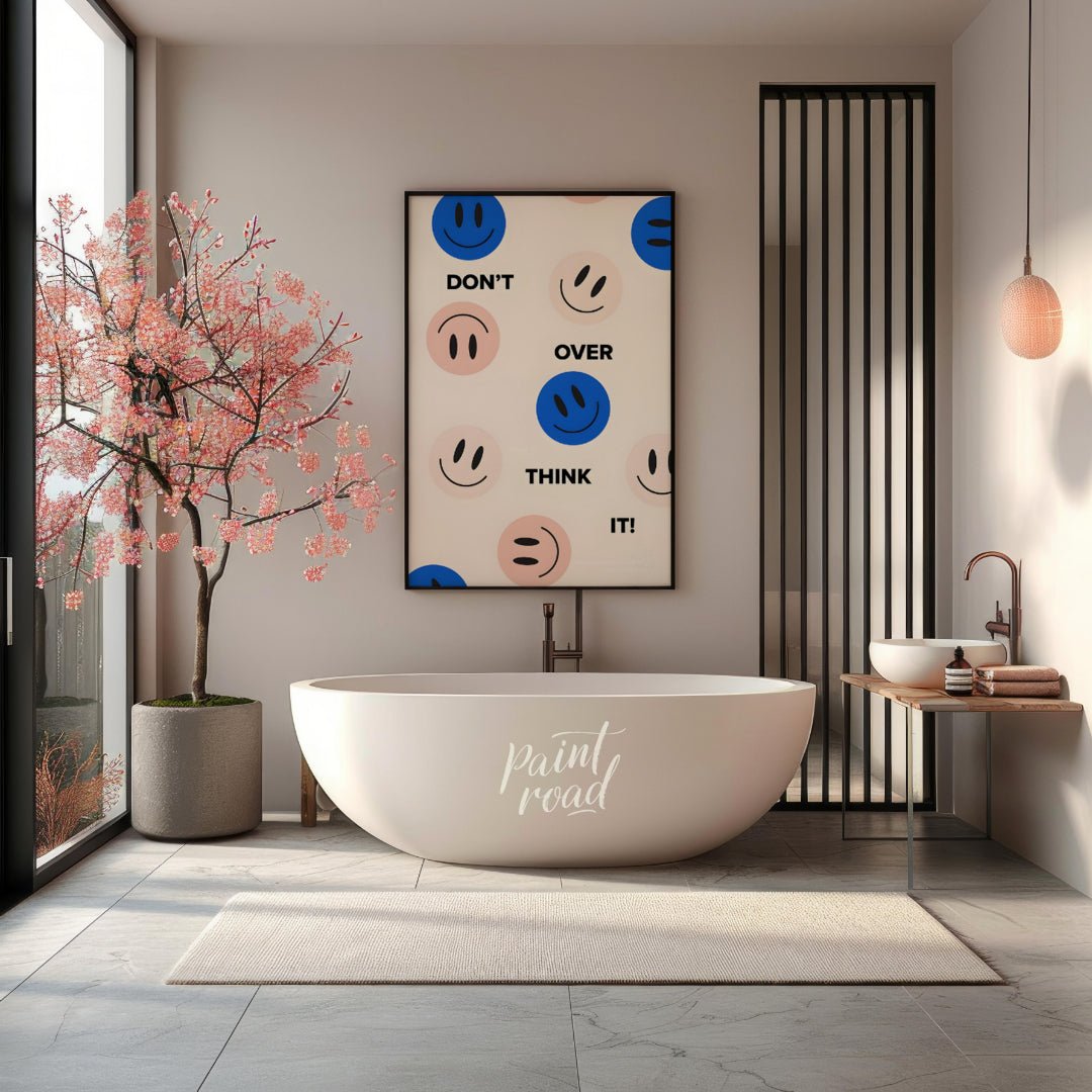 This cheerful and encouraging design features a playful arrangement of blue and light pink smiley f… for bathroom