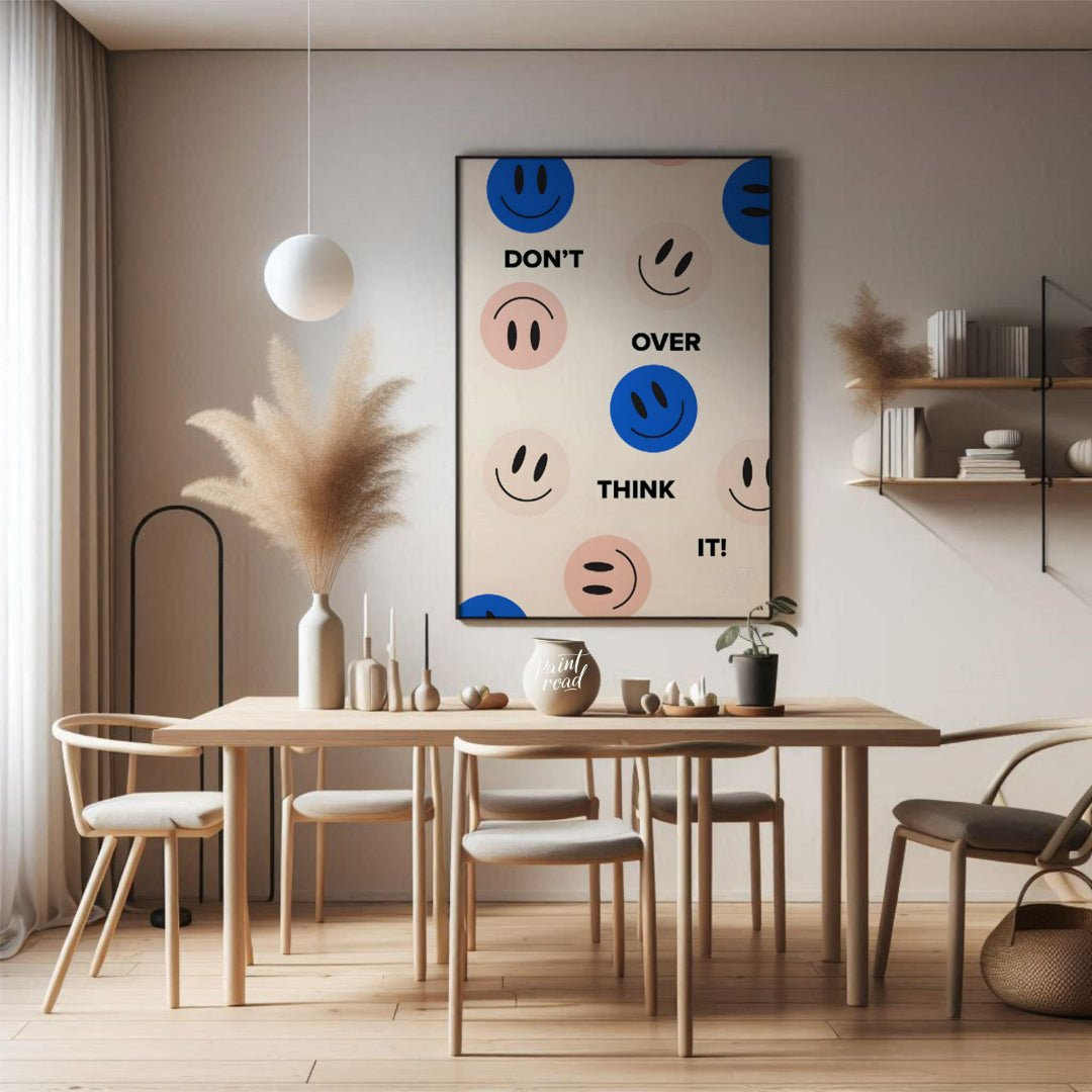 This cheerful and encouraging design features a playful arrangement of blue and light pink smiley f… for dining room