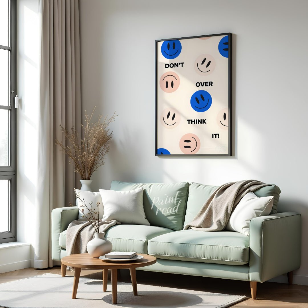 This cheerful and encouraging design features a playful arrangement of blue and light pink smiley f… for living room