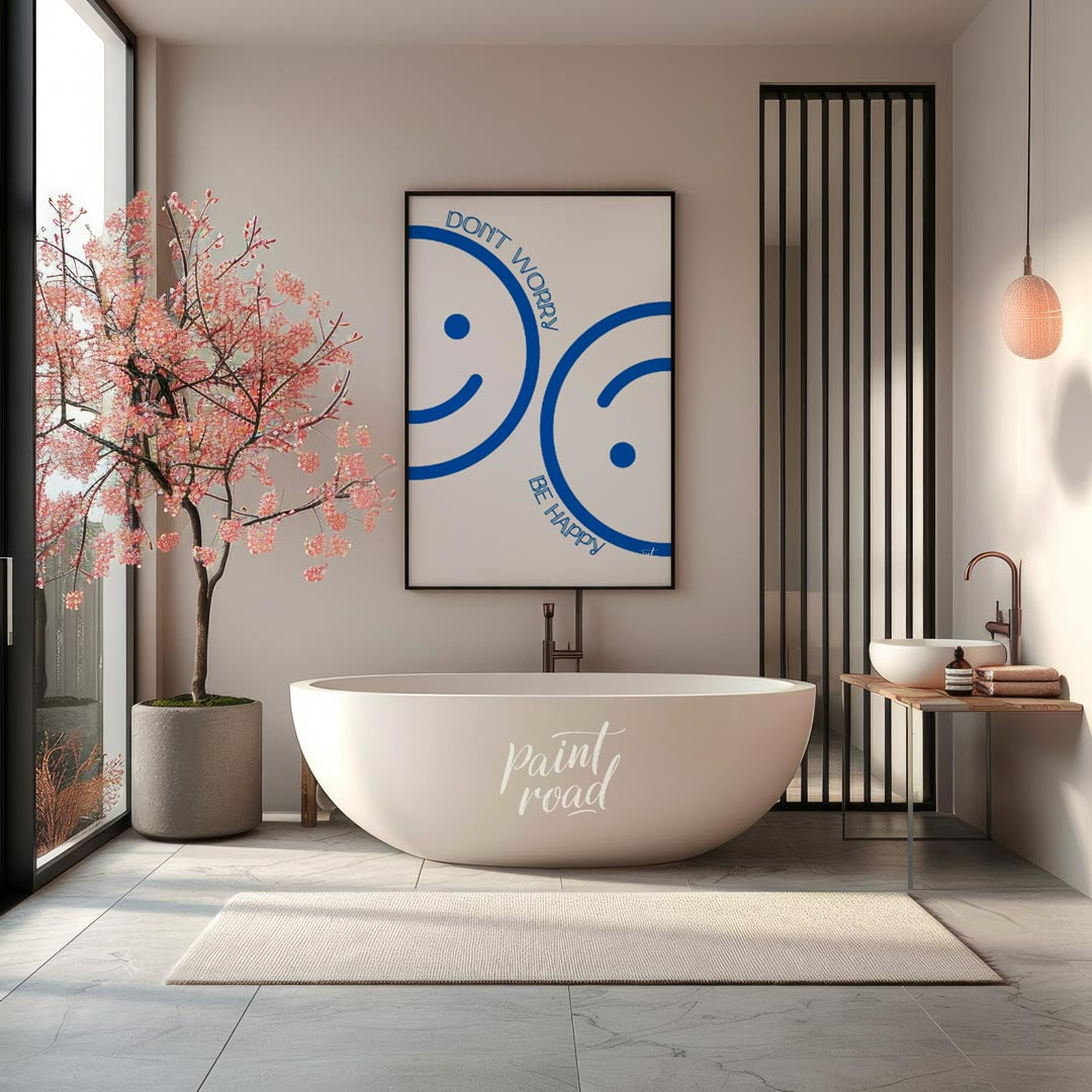 This cheerful and minimalist artwork features two large, abstract smiley faces rendered in a bright… for bathroom