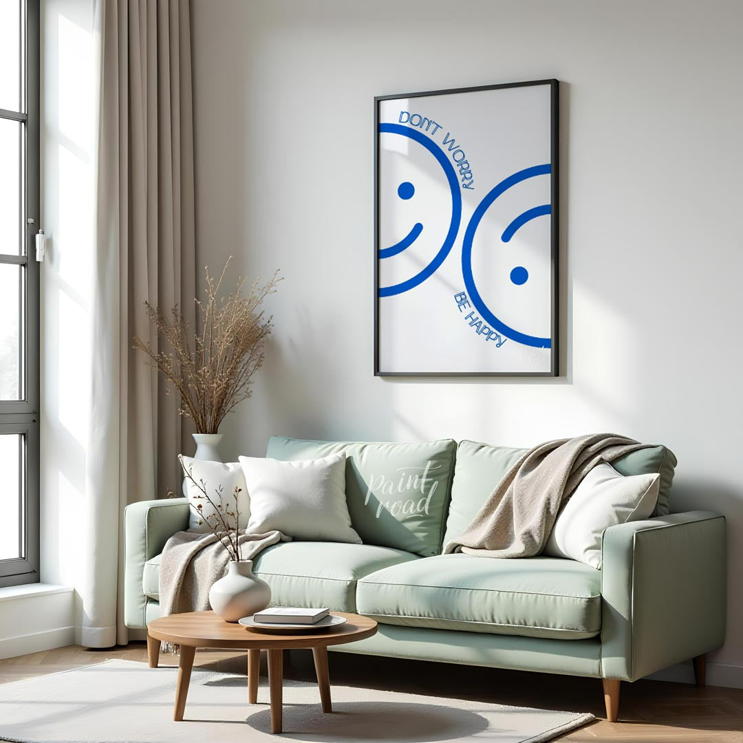 This cheerful and minimalist artwork features two large, abstract smiley faces rendered in a bright… for living room