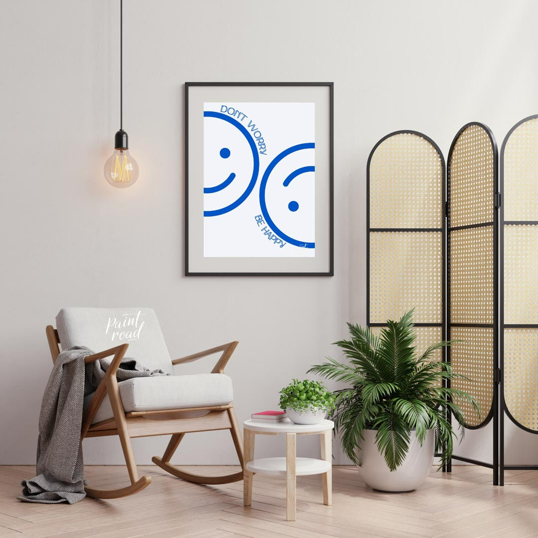 This cheerful and minimalist artwork features two large, abstract smiley faces rendered in a bright… for living room