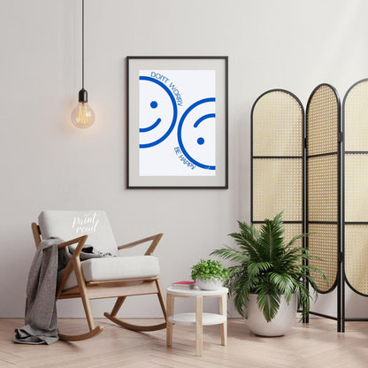 This cheerful and minimalist artwork features two large, abstract smiley faces rendered in a bright… for living room
