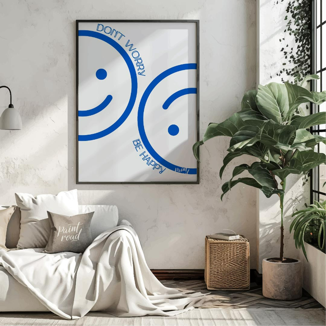 This cheerful and minimalist artwork features two large, abstract smiley faces rendered in a bright… for living room