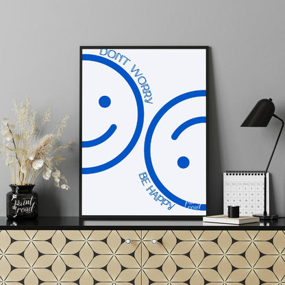 This cheerful and minimalist artwork features two large, abstract smiley faces rendered in a bright… for office