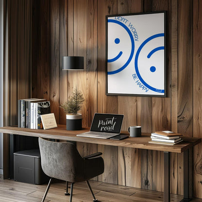 This cheerful and minimalist artwork features two large, abstract smiley faces rendered in a bright… for office