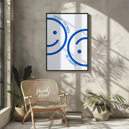This cheerful and minimalist artwork features two large, abstract smiley faces rendered in a bright… for other