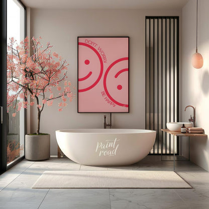 This cheerful and minimalist artwork features two large, abstract smiley faces rendered in a bright… for bathroom