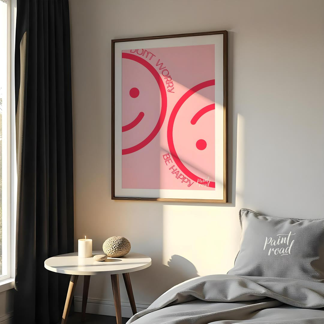 This cheerful and minimalist artwork features two large, abstract smiley faces rendered in a bright… for bedroom