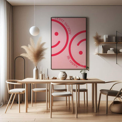 This cheerful and minimalist artwork features two large, abstract smiley faces rendered in a bright… for dining room