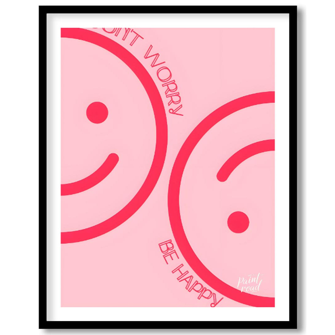 This cheerful and minimalist artwork features two large, abstract smiley faces rendered in a bright… for home