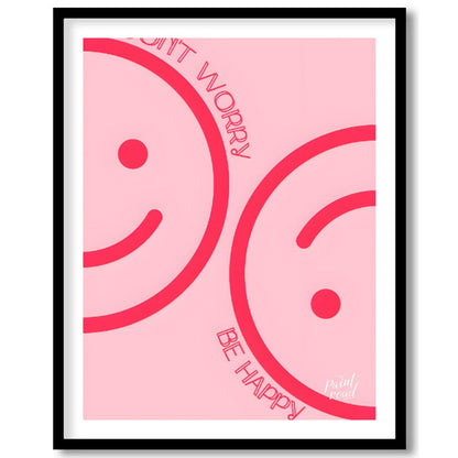 This cheerful and minimalist artwork features two large, abstract smiley faces rendered in a bright… for home