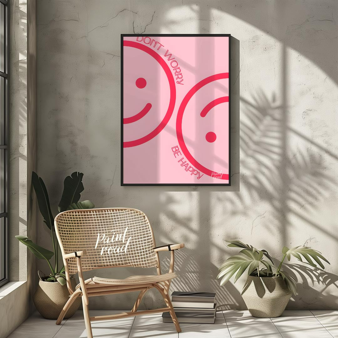 This cheerful and minimalist artwork features two large, abstract smiley faces rendered in a bright… for living room