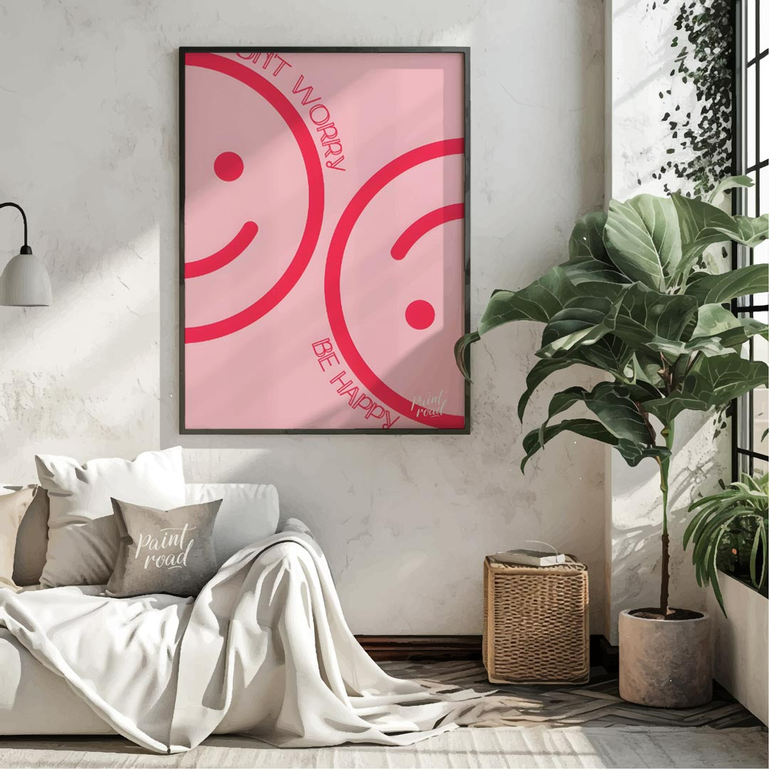 This cheerful and minimalist artwork features two large, abstract smiley faces rendered in a bright… for living room
