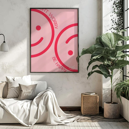 This cheerful and minimalist artwork features two large, abstract smiley faces rendered in a bright… for living room