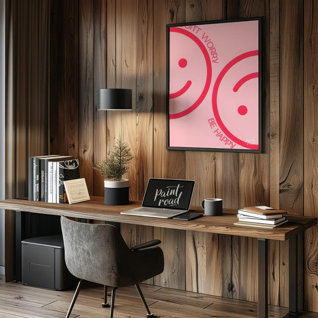 This cheerful and minimalist artwork features two large, abstract smiley faces rendered in a bright… for office