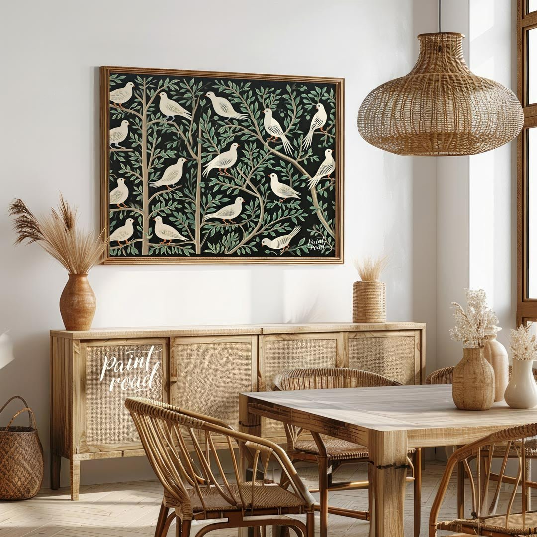 This artwork presents a visually rich and intricate pattern featuring white doves perched on styliz… for dining room