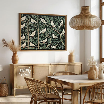 This artwork presents a visually rich and intricate pattern featuring white doves perched on styliz… for dining room