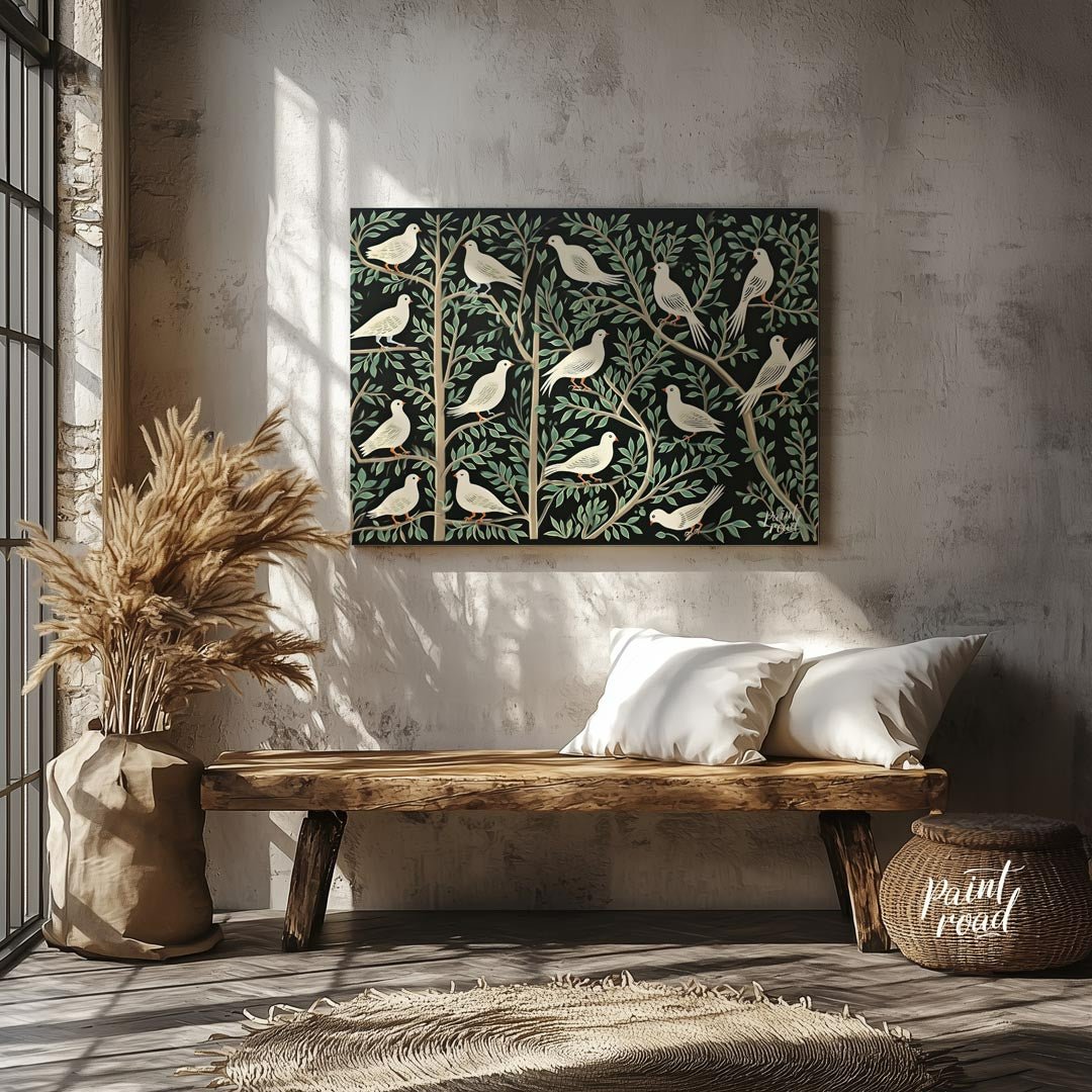 This artwork presents a visually rich and intricate pattern featuring white doves perched on styliz… for entryway