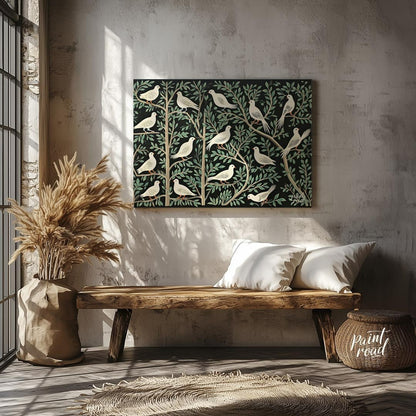 This artwork presents a visually rich and intricate pattern featuring white doves perched on styliz… for entryway