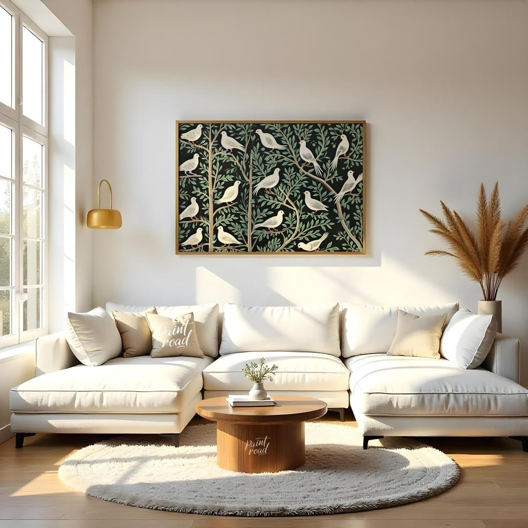 This artwork presents a visually rich and intricate pattern featuring white doves perched on styliz… for living room