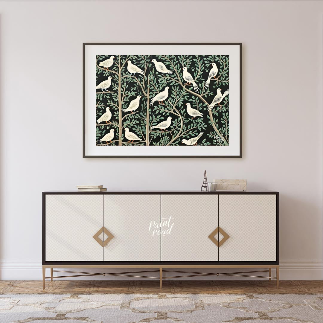 This artwork presents a visually rich and intricate pattern featuring white doves perched on styliz… for living room