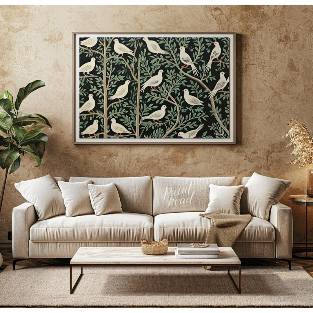 This artwork presents a visually rich and intricate pattern featuring white doves perched on styliz… for living room